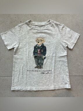 Polo Ralph Lauren Gray Kids Tee with School Student Polo Bear Graphic Sz 4 Boys